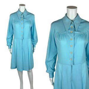 Vintage 70s Blue Dress Women's Medium Long Sleeve Pointed Collar Shirtdress